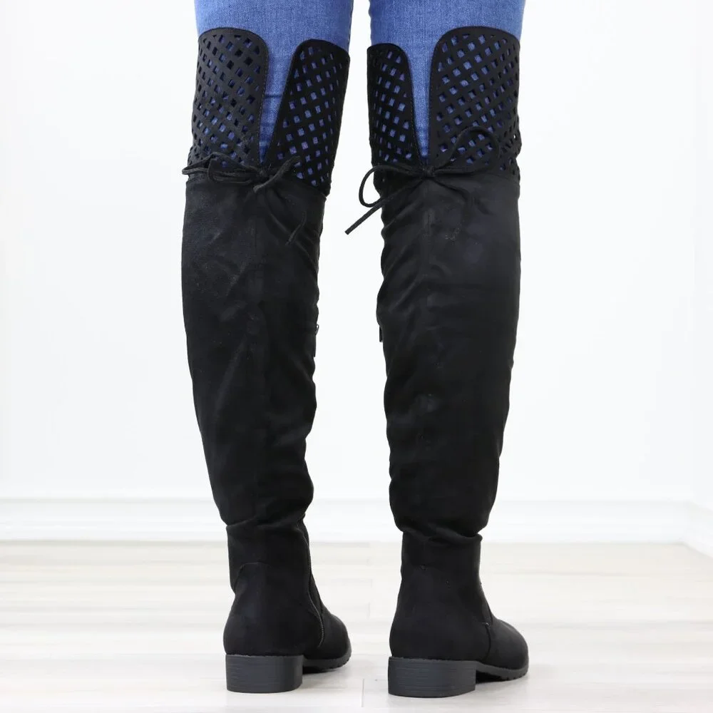 Black Over-the-Knee Boots Faux Suede Lace-Up Back Perforated Detail Flat Heel